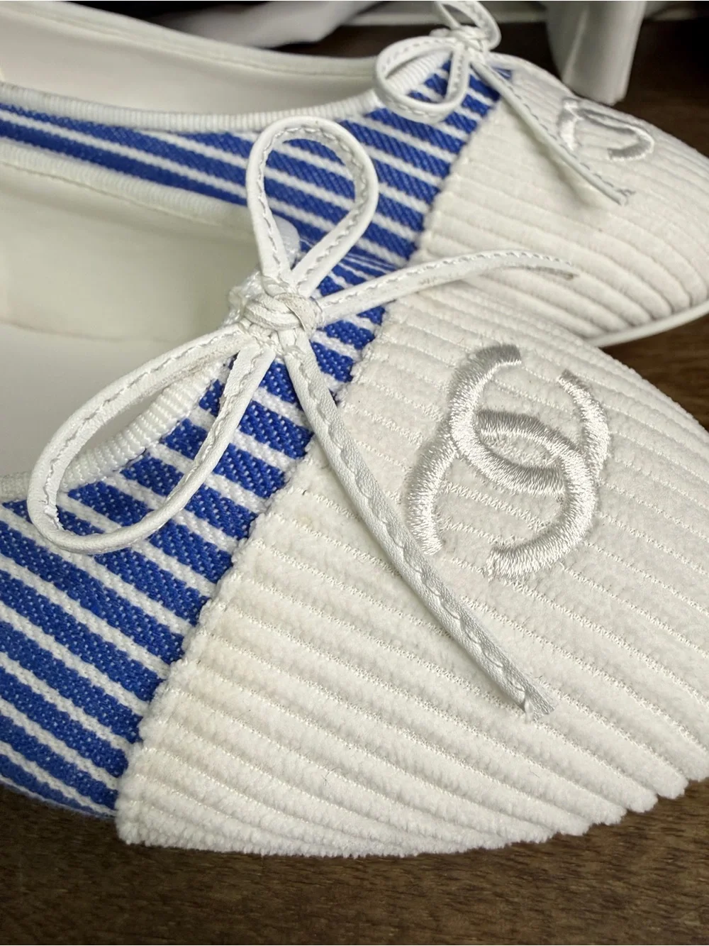 CHANEL Blue and White Striped Ribbed Cap-Toe Ballerina Flats